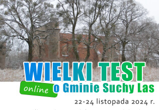 Na plakacie ruiny kościoław Chojnicy. Napis: Wielki test o gminie Suchy Las online,22-24 listopada 2024