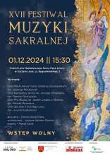 Na granatowym tle napis: XVII Festiwal Muzyki Sakralnej 01.12.2024, niżej osoby występujące. Po prawej stronie postacie dwóch aniołów.