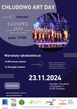 na plakacie napis: Chludowo Art Day, koncert gospel Joy. Godz. 19.00.  Warsztaty rękodzielnicze. 16.00 swiece z wosku. 16.30 pająki ludowe. Zapisy na warsztaty mailowostarybar@osrodekkultury.pl , telefonicznie 612500430, lub osobiście w Starym Barze. 23.112024 Stary Bar w Chludowie, ul. Poznańska  1