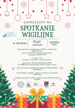 Opis spotkania wigilijnego na osiedlu Grzybowym, elementy świąteczne: choinki, kartony z prezentami, bombki