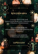 Choinka z bombkami w tle, na tym tle opis wydarzenia