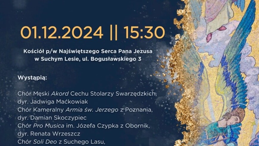 Na granatowym tle napis: XVII Festiwal Muzyki Sakralnej 01.12.2024, niżej osoby występujące. Po prawej stronie postacie dwóch aniołów.