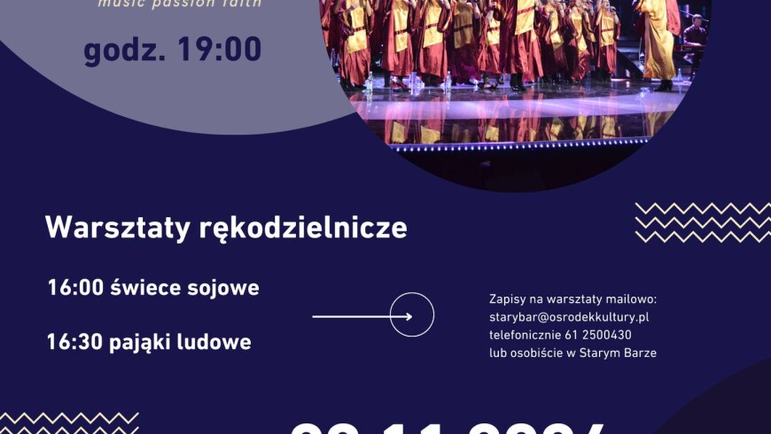 na plakacie napis: Chludowo Art Day, koncert gospel Joy. Godz. 19.00.  Warsztaty rękodzielnicze. 16.00 swiece z wosku. 16.30 pająki ludowe. Zapisy na warsztaty mailowostarybar@osrodekkultury.pl , telefonicznie 612500430, lub osobiście w Starym Barze. 23.112024 Stary Bar w Chludowie, ul. Poznańska  1