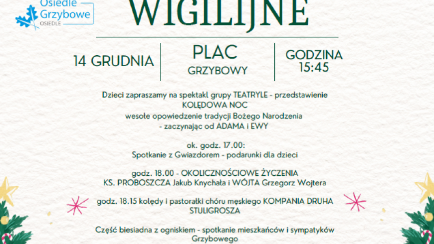Opis spotkania wigilijnego na osiedlu Grzybowym, elementy świąteczne: choinki, kartony z prezentami, bombki