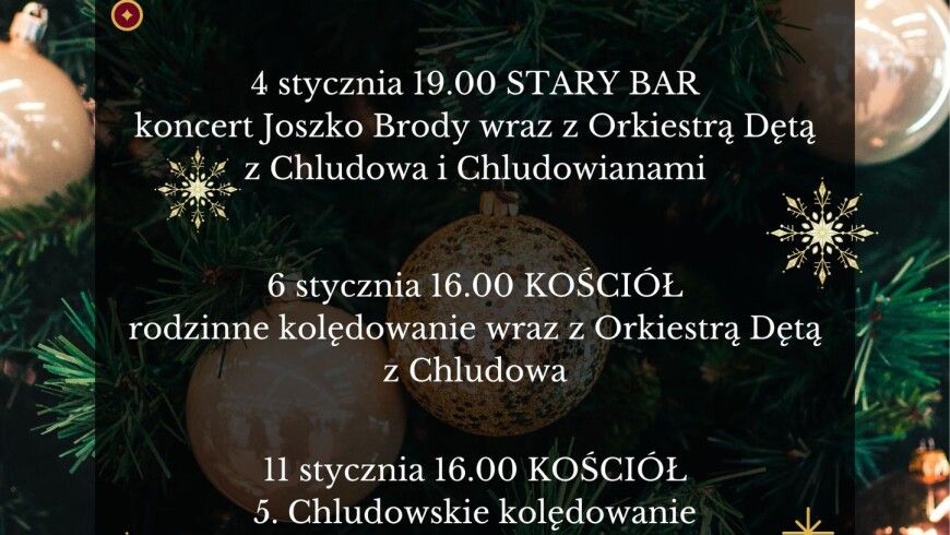 Choinka z bombkami w tle, na tym tle opis wydarzenia