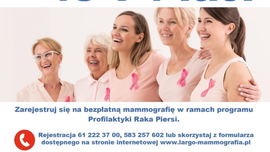 grupa uśmiechniętych kobiet z różowymi wstążkami przypiętymi do bluzek, opis badania mammograficznego