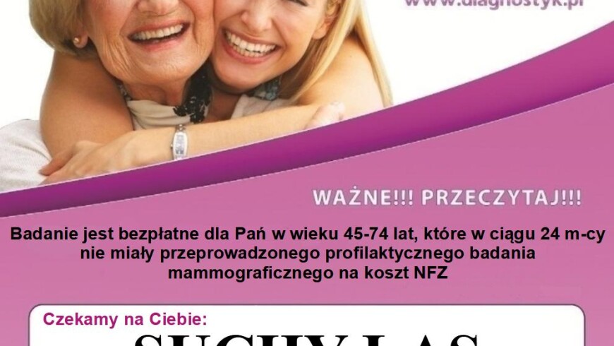Twarze dwóch uśmiechniętych osób, opis, dla kogo jest to badanie mammograficzne, termin badania